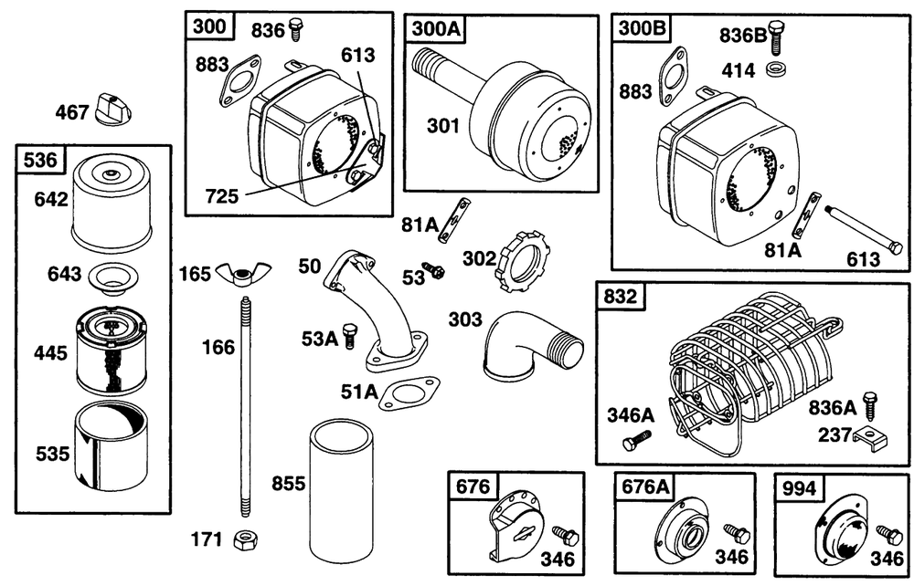 Air Cleaner Grp, Muffler Grp Diagram and Parts List for 221432-0143-XX  Briggs and Stratton Engine